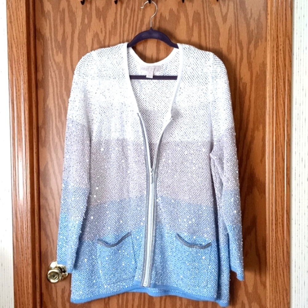 Laura Ashley, Size 2X, Sequins zip up long line cardigan